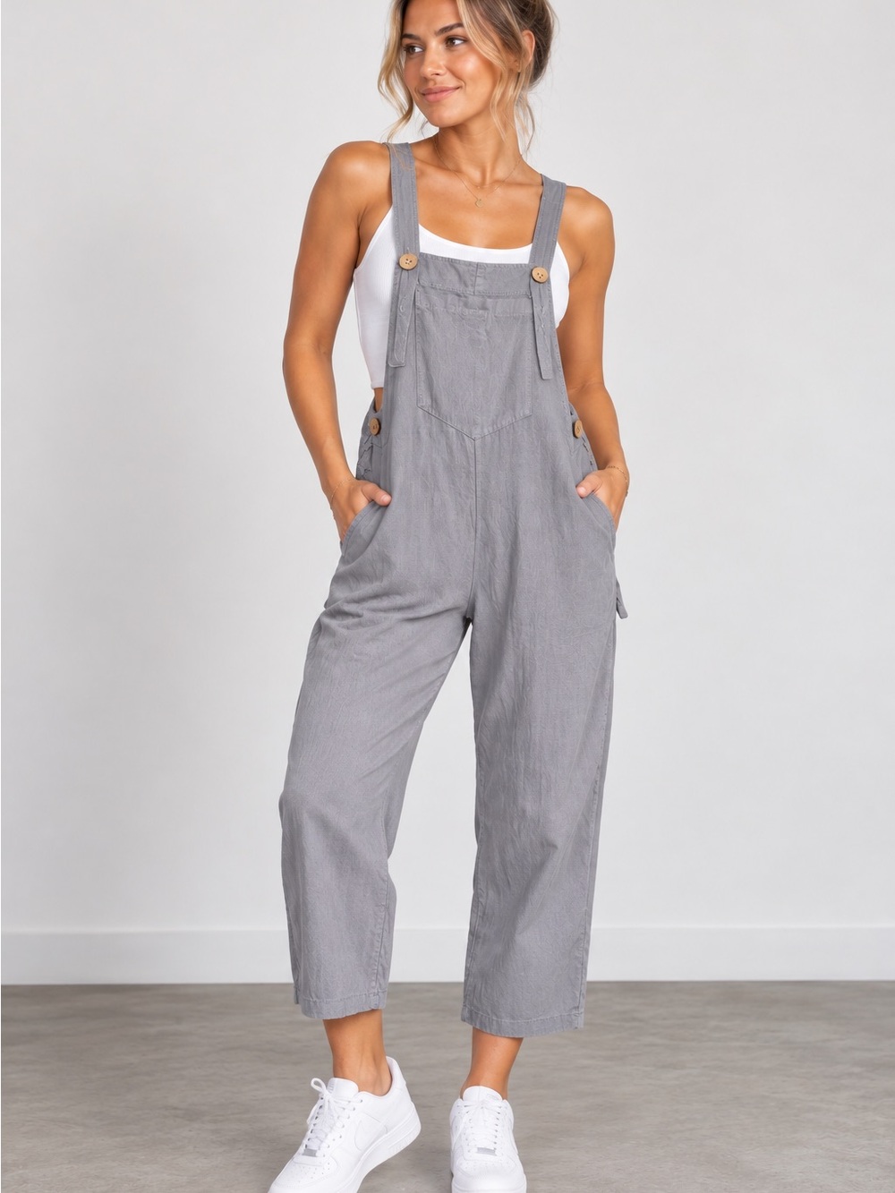 Women's Gray Linen-Blend Relaxed Overalls Jumpsuit